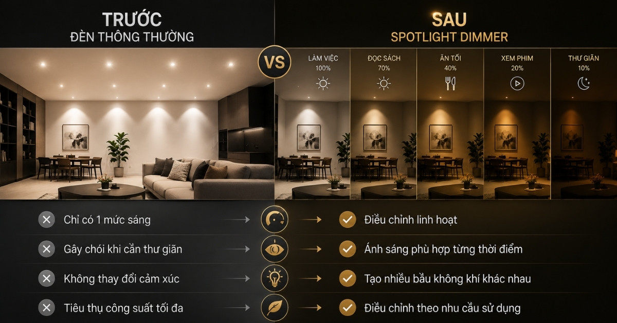 So sánh phòng khách dùng đèn thường và hệ thống Spotlight Dimmer điều chỉnh độ sáng theo từng hoạt động